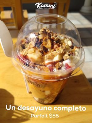 Parfait.
Chopped fruit with vegan yogurt, peanut butter, oatmeal and chocolate syrup. at Kammi in Matamoros