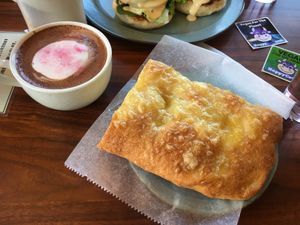 Delicious vegan cheese focaccia and strawberry hot chocolate   at 1110Cafe/Bakery in Kawaguchi