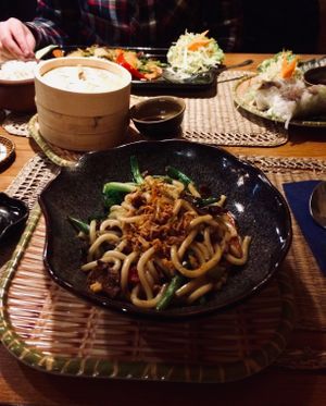 Udon meal with vegan "beef" meat/ Lemongrass meal with vegan "beef" meat + starters dumpling and spring rolls. at Quan Que Vietnamese Cuisine in Karlovy Vary