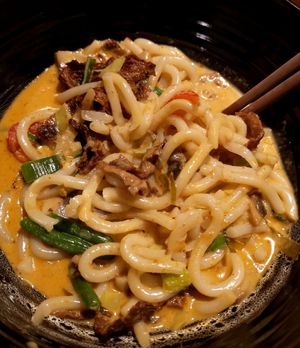Udon noodles with vegan beef in red curry at Quan Que Vietnamese Cuisine in Karlovy Vary
