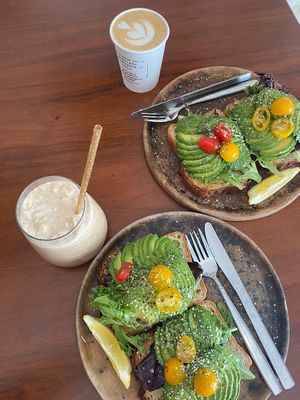 Avocado toast, soy milk frappe. Very good, tasty and nice atmosphere !  at Another Clandestino in Holbox