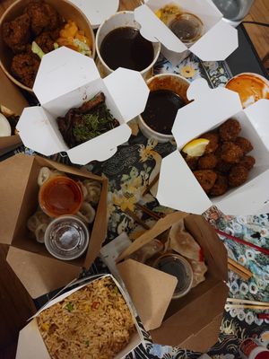 Orange Hen of the Wood, General Tso's Mushroom, Mandarin Orange Dumpling, Beyond Beef Dumpling at Spicy Moon - 3rd St in New York City