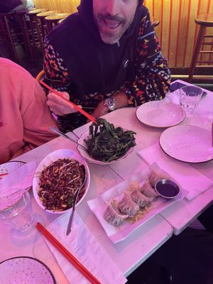 Steamed dumplings, garlic cucumber, Szechuan rice at Spicy Moon - 3rd St in New York City