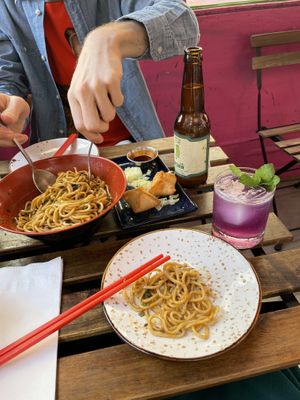 Dan Dan noodles and yummy cocktail  at Spicy Moon - 3rd St in New York City