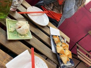 Crab Rangoon and meat bun  at Spicy Moon - 3rd St in New York City