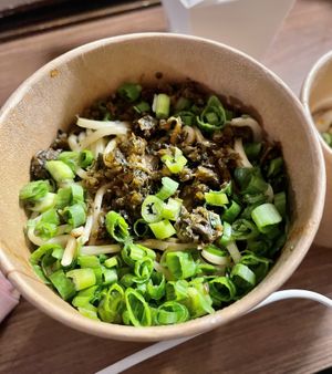 Dan Dan noodles - huge portion! A little dry but I added the chili oil from my wontons and they were delicious!  at Spicy Moon - 3rd St in New York City