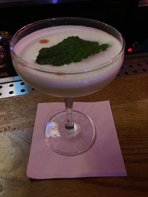 Rose cucumber gin cocktail with aquafaba foam at Spicy Moon - 3rd St in New York City