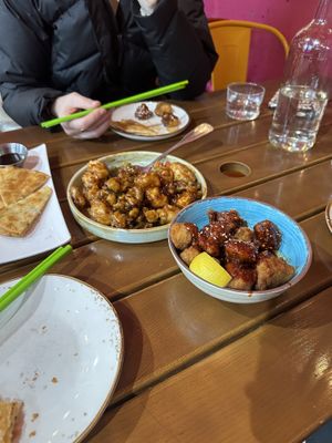 Scallions pancakes dish + Mushrooms app dish + tofu and veggies dish    at Spicy Moon - 3rd St in New York City