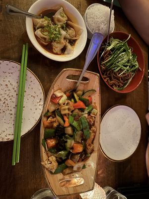 Vegetable Wonton in Chili Oil; side of white rice, Garlic Sauce Style mixed veggies, & Cold Sesame Noodles     at Spicy Moon - 3rd St in New York City