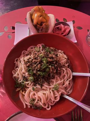 Dan Dan noodles, hen of the woods bao bun    at Spicy Moon - 3rd St in New York City