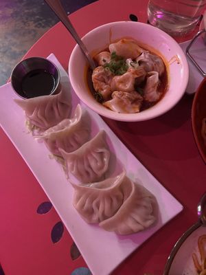 Spicy chili wontons and potato and sour cream dumplings   at Spicy Moon - 3rd St in New York City