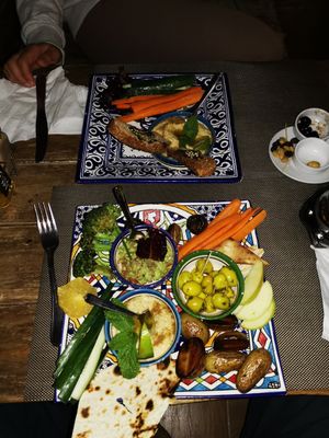 hummus and mezze plate vegan at Adam's Cafe in Tamraght
