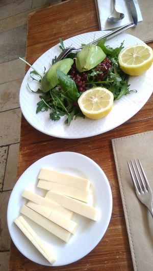 Avocado, greens and pomegranate salad + vegan cheese at Ayii Anargyri Natural Healing Spa Resort in Paphos