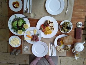 Our breakfast choices with cow/goat cheese and vegan cheese at Ayii Anargyri Natural Healing Spa Resort in Paphos