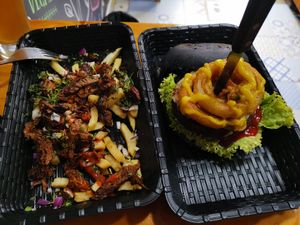 The burger and chips at Mercy Vegan Food in Bogota