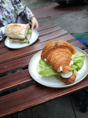 Very tasty croissant with vegan egg pasta and with cucamber, radish and lettce and also tasty sandwich with vegan "fish" pasta and with vegetables. at Szklarnia in Krakow