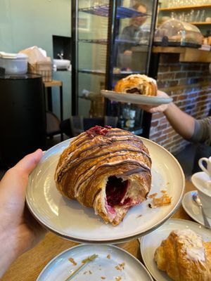 Croissants filled with raspberry or chocolate 😍 at Szklarnia in Krakow