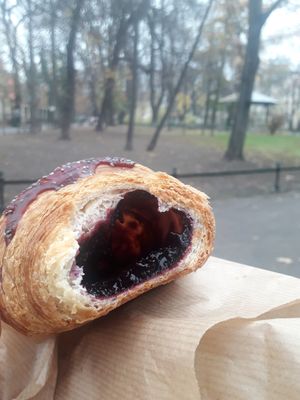 Blueberry croissant inside at Szklarnia in Krakow