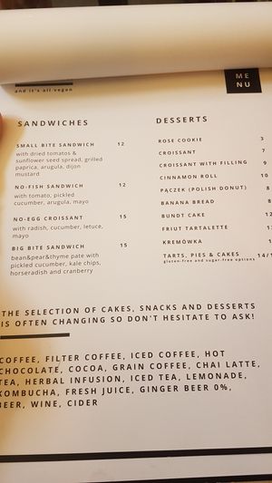 English menu at Szklarnia in Krakow