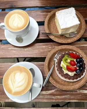 Vegan capuccino with pastries   at Szklarnia in Krakow