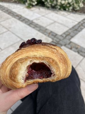 Inside of choc cherry croissant  at Szklarnia in Krakow