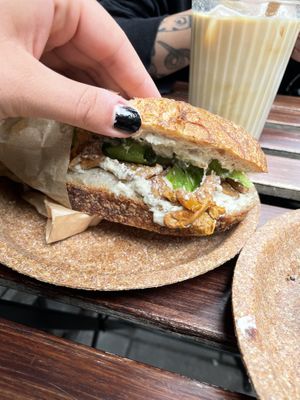 sandwich with chantarelles and vegan ricotta  at Szklarnia in Krakow