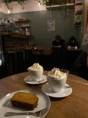 hot chocolate with whipped cream and pumpkin bread   at Szklarnia in Krakow