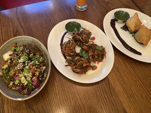 Starters - pakoras, samosas and a cauliflower dish  at Namaste Holborn in London