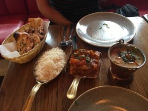Garlic naan, rice, Aloo gobi and dahl at Namaste Holborn in London