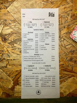 The menu, where you can mark ingredients to build your own dish at Pita in Popayan