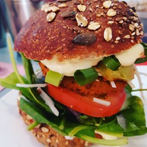 Chi-chi burger. Crunchy deep fried patty with all the trimmings at Soy-ya Cafe in Western Cape