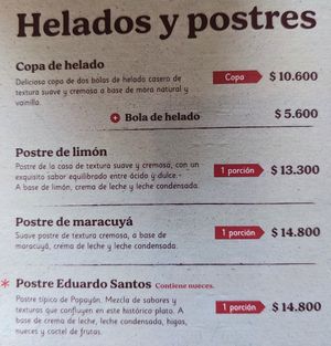 Menu page 6 of 6, January 2023 at Mora Castilla in Popayan