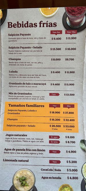 Cold drinks   at Mora Castilla in Popayan