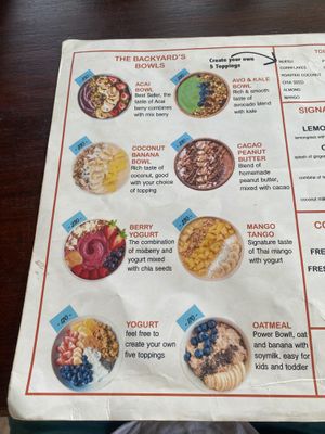 Menu (March 2024). Note: V sign is for vegetarian, vegan is not listed.   at The Backyard Cafe & Bistro in Koh Lanta