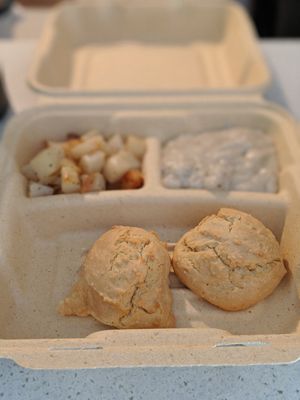 Vegan biscuit and gravy and potatoes at Good Foods Market and Cafe in Lexington