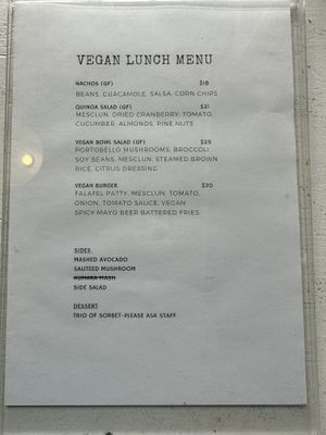 Vegan lunch menu   at The Shelter in Queenstown