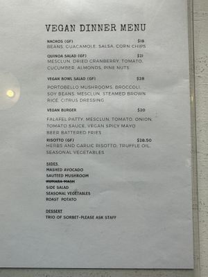 Vegan dinner menu   at The Shelter in Queenstown