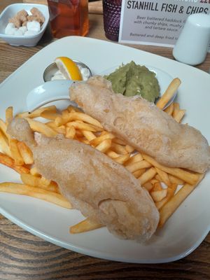 Banana blossom fish and chips. at The Stanhill in Oswaldtwistle