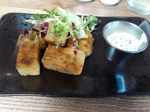Broccoli and polenta fritters at The Stanhill in Oswaldtwistle