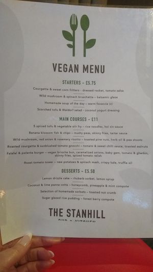 Vegan menu at The Stanhill in Oswaldtwistle