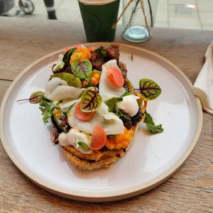Korean spring greens with mushrooms on toast. at The Early Bird in Birmingham