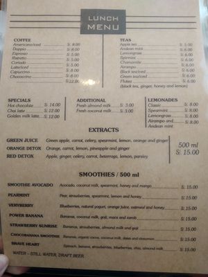 Menu at Cactus Cafe in Cusco