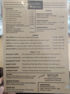 Menu at Cactus Cafe in Cusco
