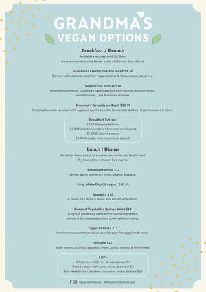 Vegan Menu at Grandma's in Townsville