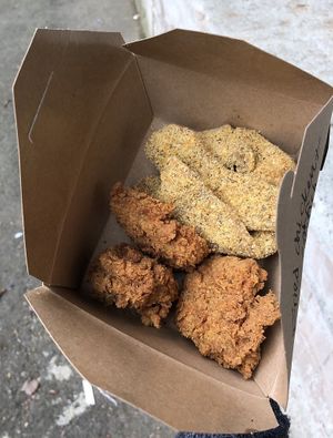 Vegan fried chicken and Mississippi catfish at Dirty Lettuce in Portland