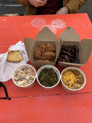 Fried chicken, bbq, cajun cornbread, greens, cole slaw, famous bowl at Dirty Lettuce in Portland