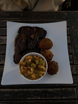 Ribs, Mac, and hush puppies   at Dirty Lettuce in Portland