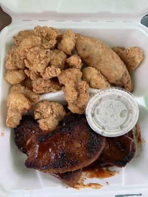 Ribs with cauliflower bites, spinach pie, and a side of ranch  at Dirty Lettuce in Portland