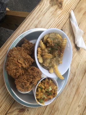 Fried chicken, Cajun poutine, and Cajun Mac and cheese. Soooo yummy!  at Dirty Lettuce in Portland