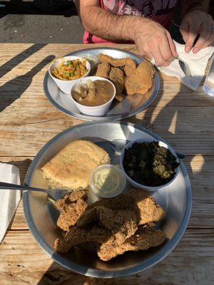 Catfish with sides of: greens, cornbread, Mac and cheese, mashed potatoes   at Dirty Lettuce in Portland